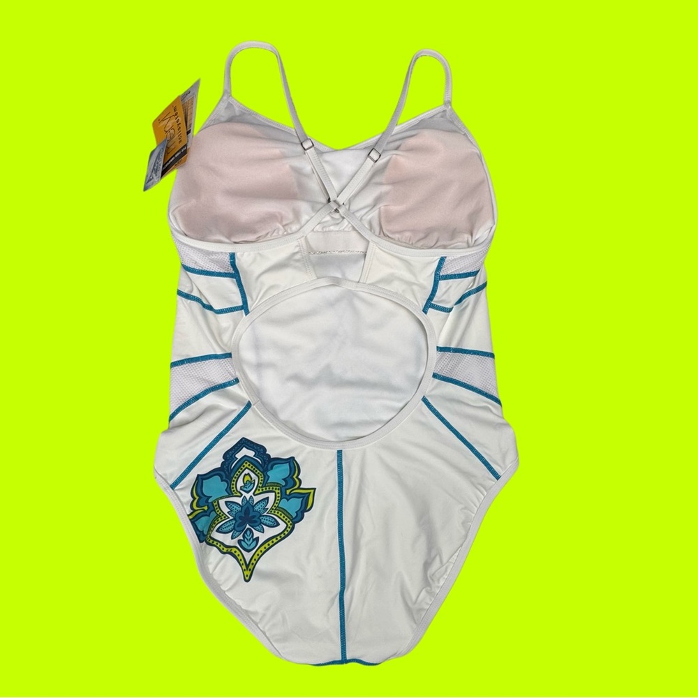 Athleta 1 Piece Bathing Suit Built In Bra White Lotus Design UV Protection Large - Picture 6 of 13